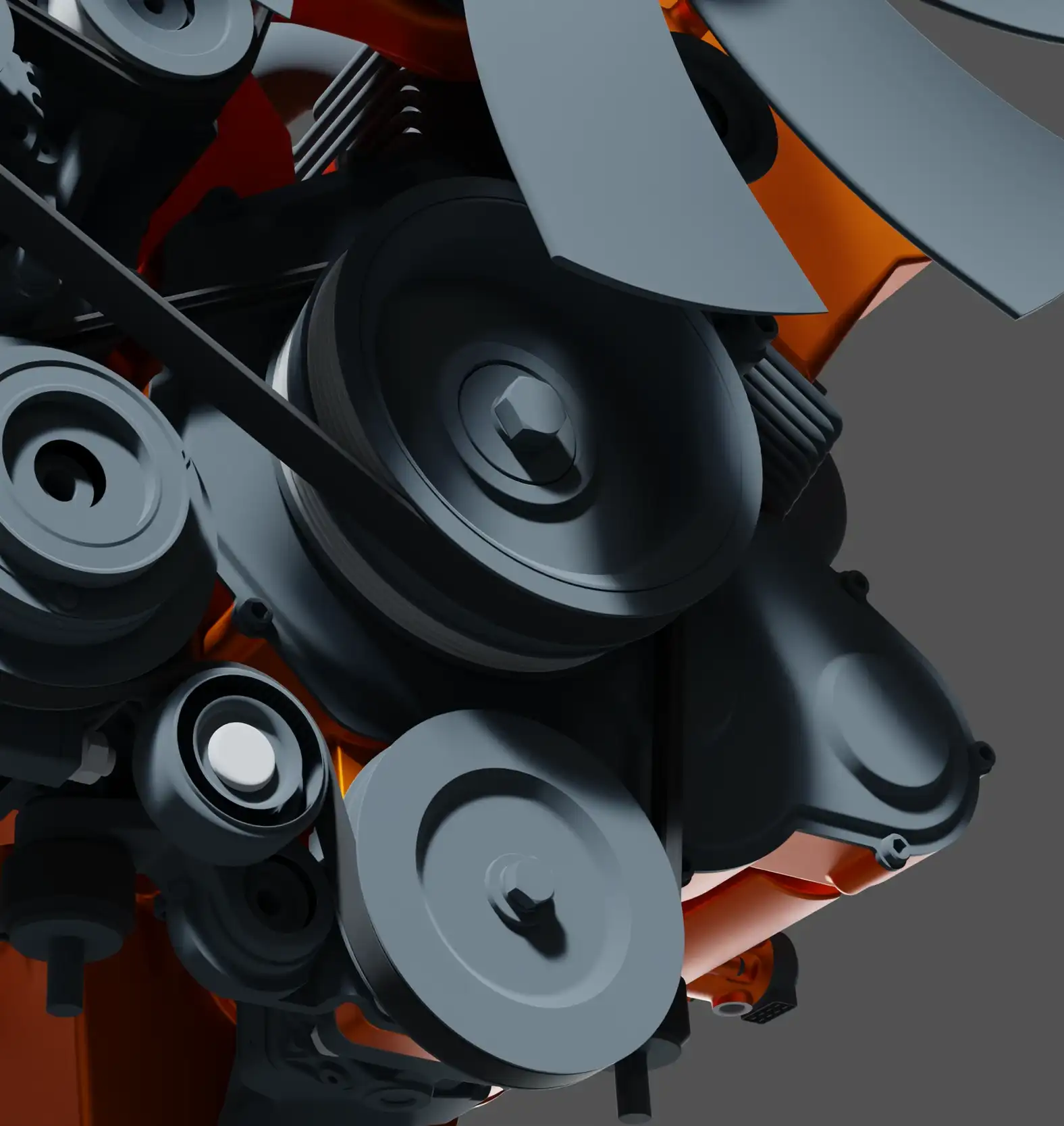 Rendering eines V8-Motors mit Riemenscheiben und Keilriemen