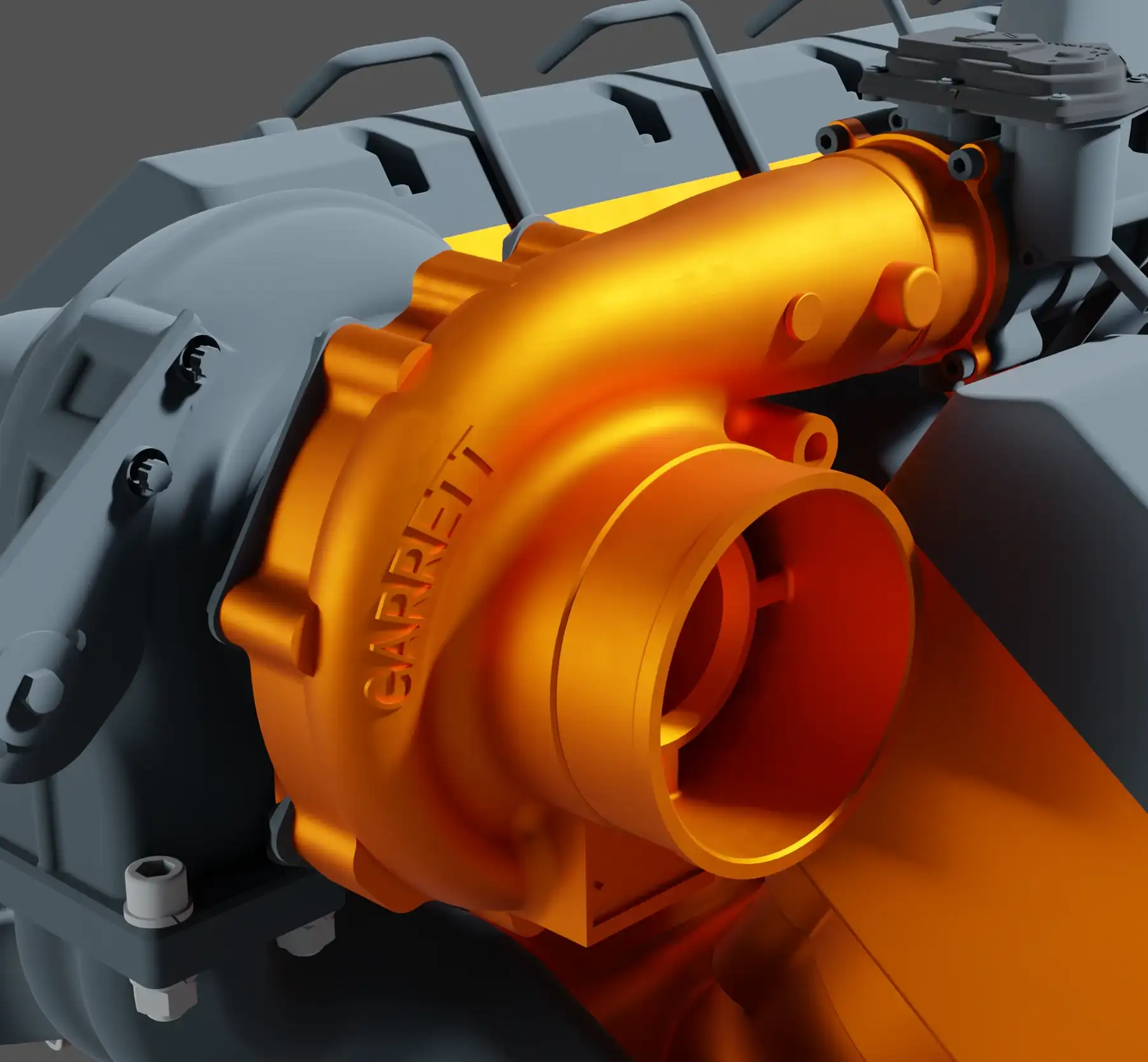 Rendering eines Turboladers an einem V8-Motor