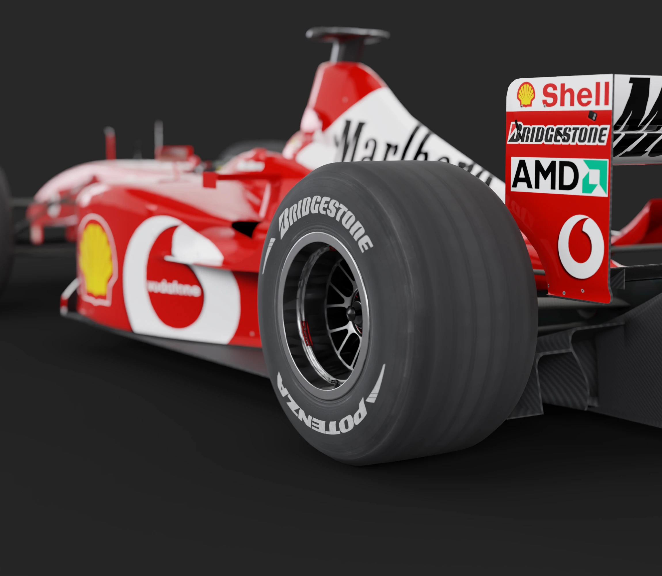 Rendering eines Formel-1-Rennwagens in der Heckansicht