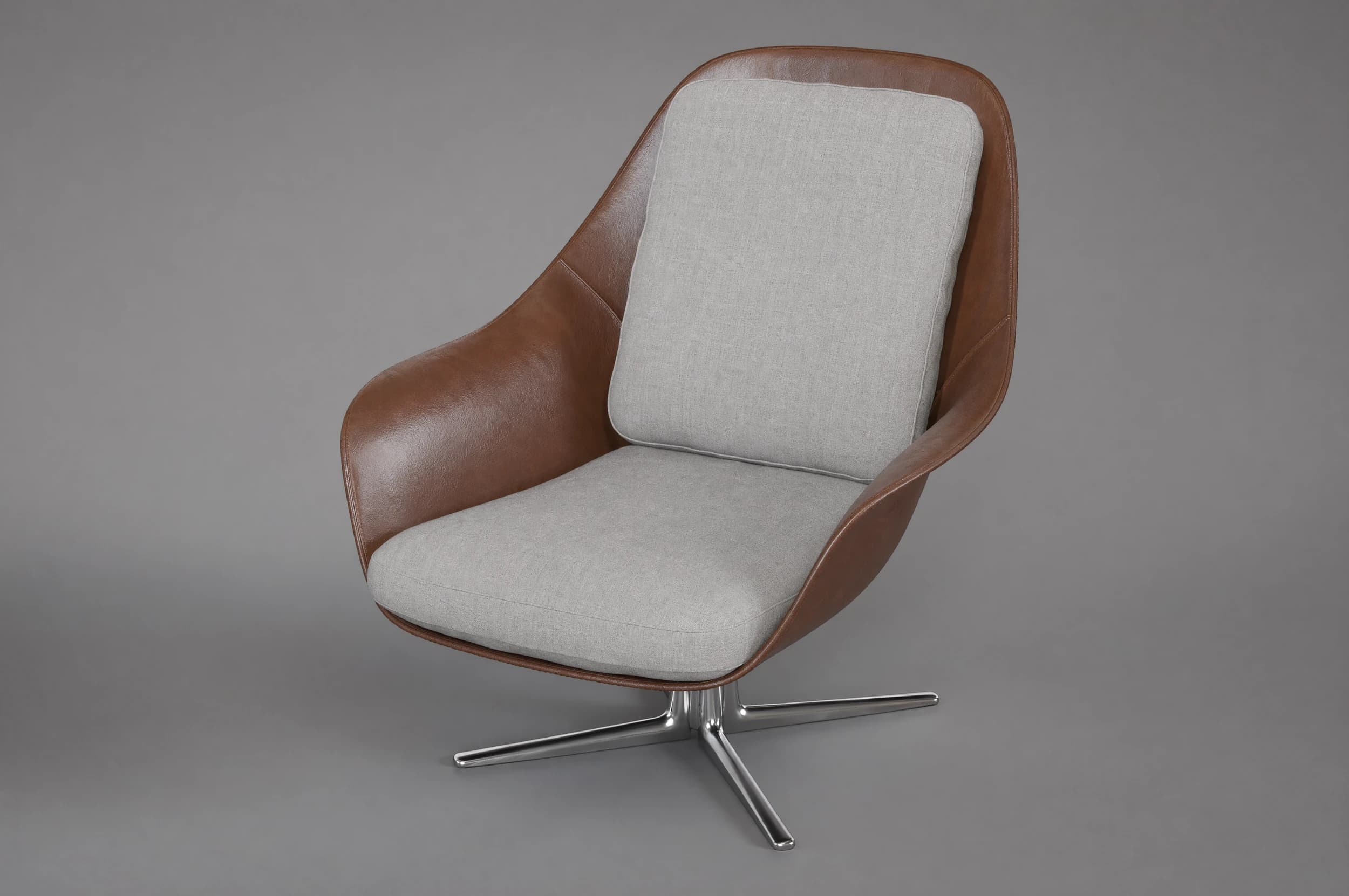 Rendering eines Schalensessels aus Leder mit Stoffkissen