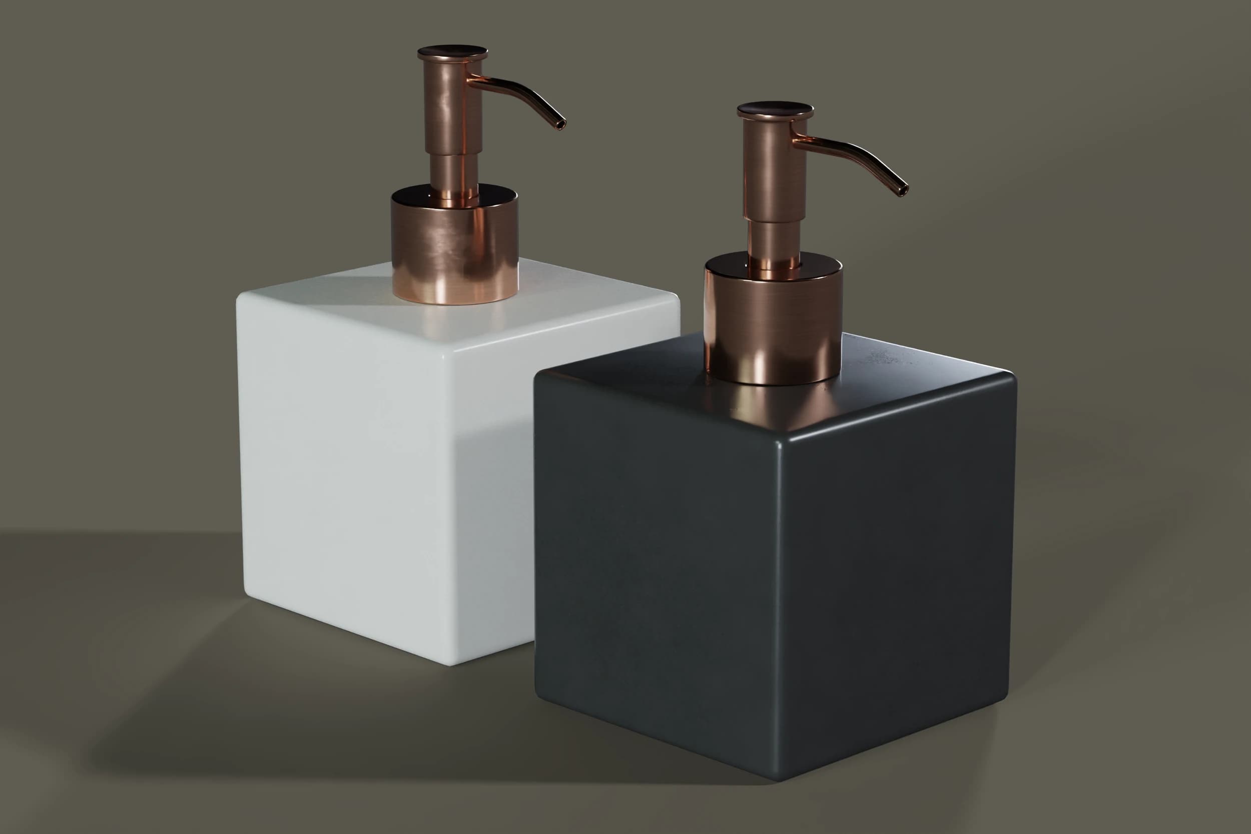 Rendering zweier Seifenspender mit Kupferpumpe